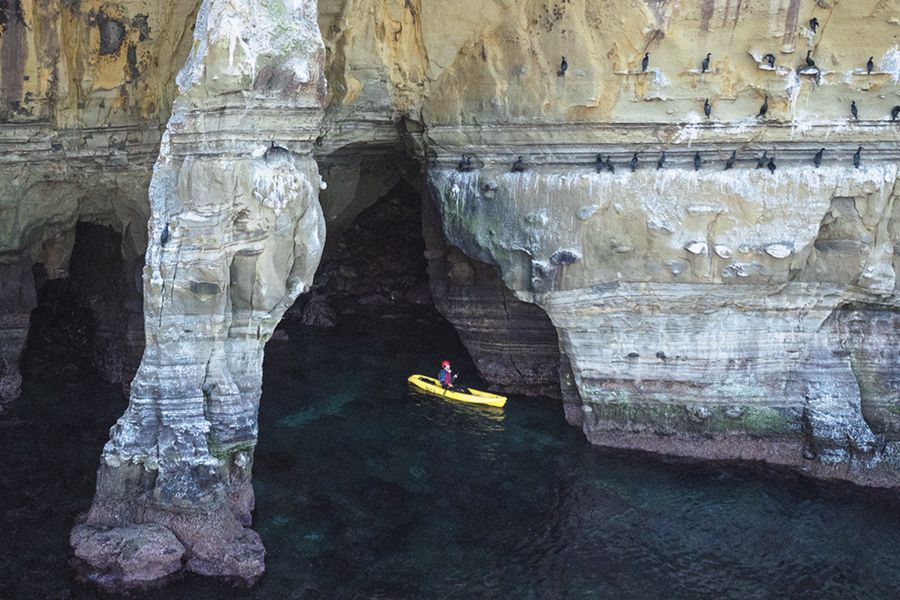 A lone yellow kayak inside a La Jolla sea cave, cormorants lining the sandstone ledges above.